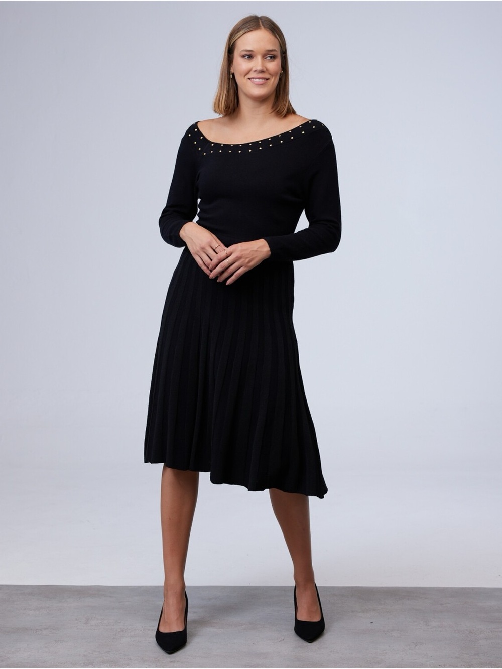 NWT EMMA & MICHELE Asymmetrical Neckline Sweater Dress, Gold Stud Details